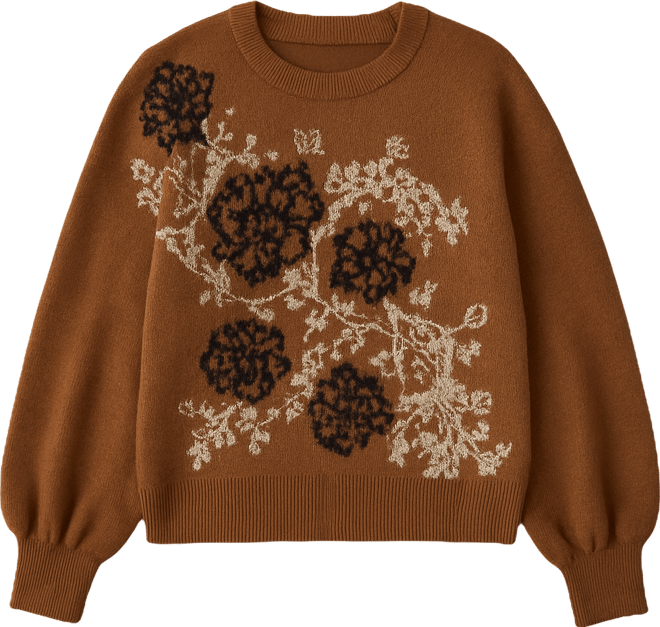 Plus Size Floral Placement Detail Long-Sleeve Sweater