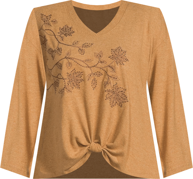 Plus Size Embroidered Knot Detail Long-Sleeve Top
