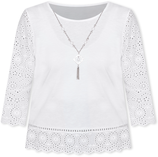 Plus Size St. Augustine Solid Eyelet Trim Top with Necklace