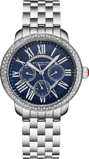 Sonata Women s 38mm Quartz Multifunction Watch – Blue Mother-of-Pearl Dial Crystal Bezel Stainless Steel Bracelet