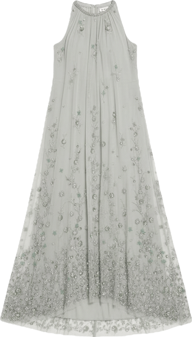 Women's High Neck Floral Embellished Mesh Trapeze Gown