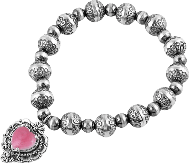 Sterling Silver Pink Concha Shell Heart Charm Bead Bracelet, Size Small to Medium