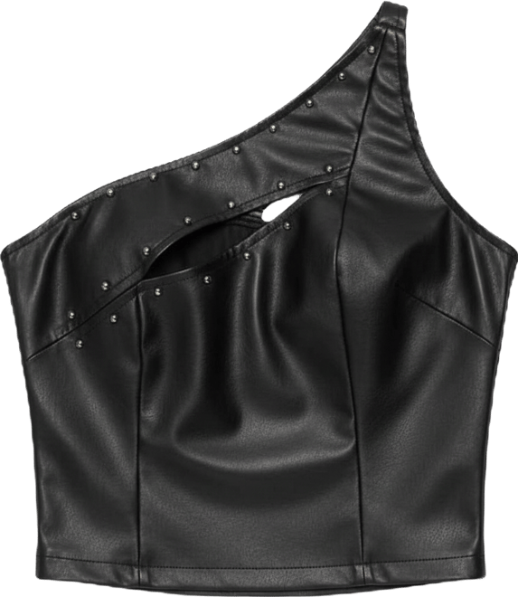 Womens Asymmetric Cutout Faux Leather Top