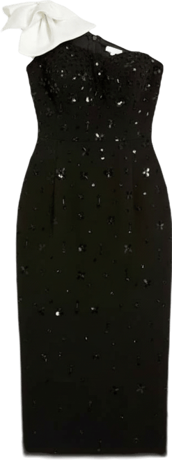 Women's Beaded Crepe With Bow One Shoulder Midi Dress