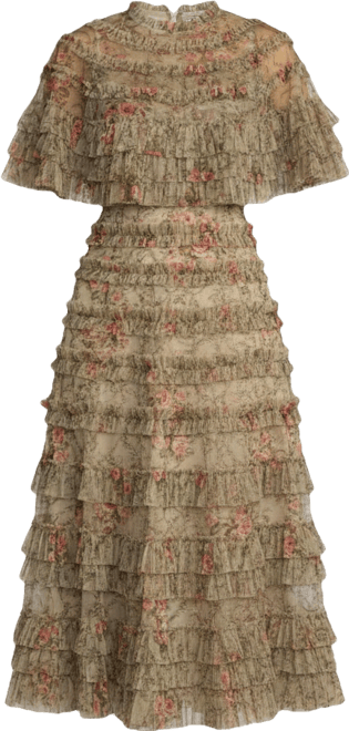 Women's Floral Ruffle Cape Midi Dress