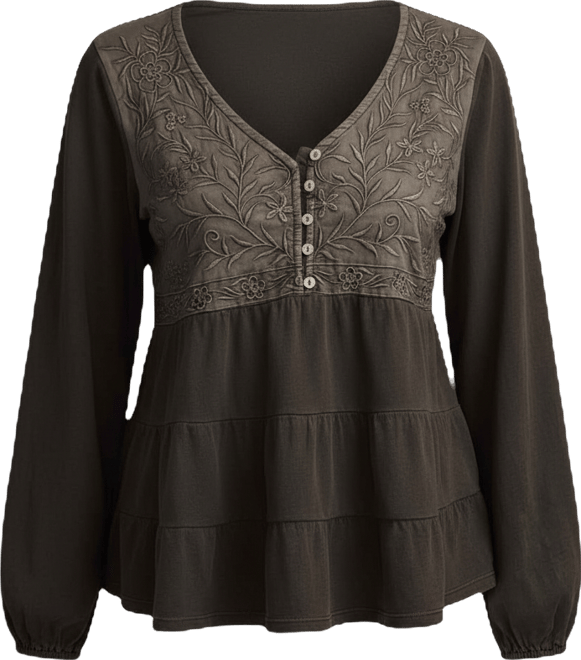 Women's Embroidered Yoke Tiered Long-Sleeve Top