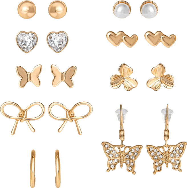 Gold-Tone Bow, Butterfly & Pearl Stud & Hoop Earring Set, 12 Pairs