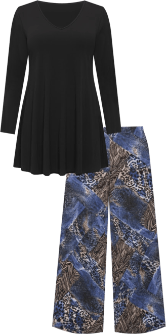 Plus Size Animal Print V Neck Long Sleeve Swing Tunic Top and Pant Set