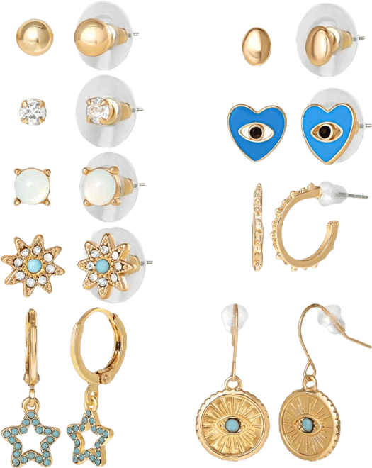Gold-Tone Evil-Eye, Heart & Star Stud & Hoop Earring Set, 9 Pairs