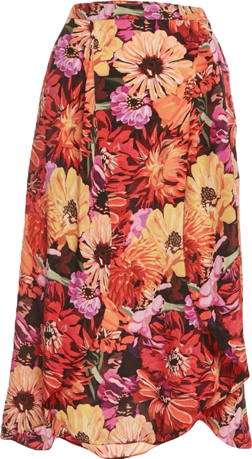 Women's Multicolor Flower Print Silk Midi Skirt