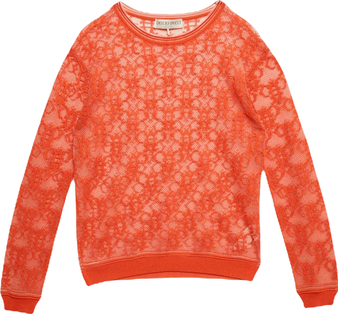 Women's Orange Monogram Patterned Sheer Knit Long Sleeve Top