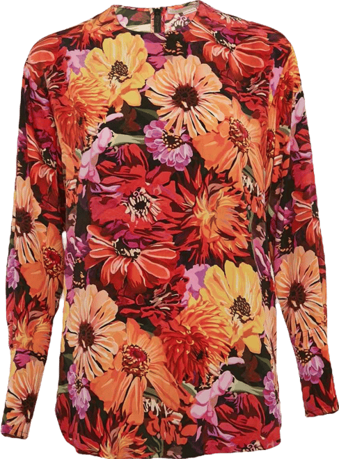 Women's Red Poppy Print Silk Long Sleeve Blouse