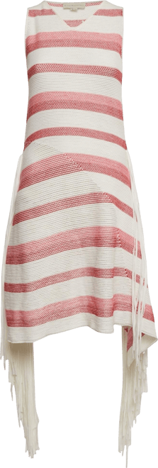 Women's White/pink Open Striped Knit Fringe Detail Dress