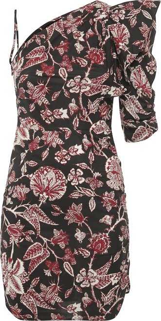 Women's Brown Floral Print Cotton One Shoulder Mini Dress