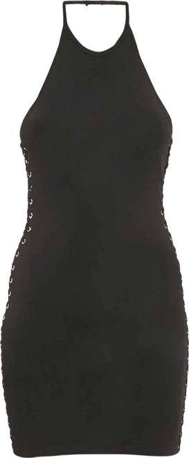 Women's Black Knit Lace-Up Detail Halter Neck Mini Dress