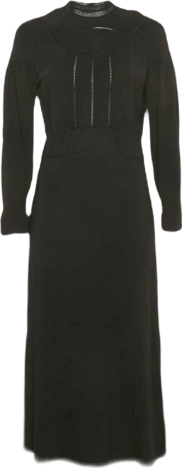 Women's Black Crepe Lace Inserts Midi Dress