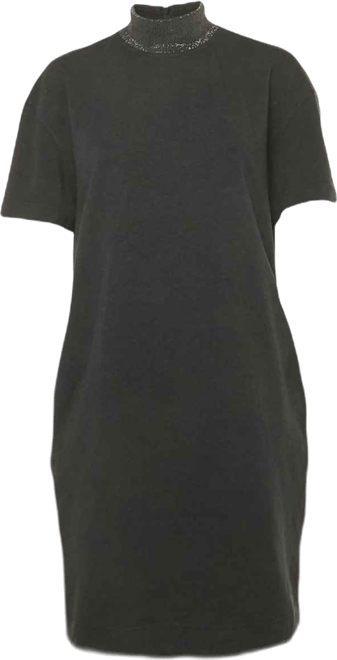 Women's Charcoal Grey Cotton Knit Monili Trim Detail Shift Dress