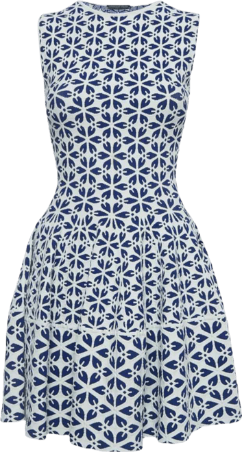 Women's White/blue Floral Pattern Stretch Knit Mini Dress