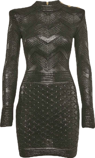 Women's Black Lurex Patterned Knit Mock Neck Mini Dress