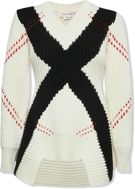 Women's White Argyle Intarsia Rib Knit Sweater