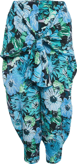 Women's Blue Floral Print Silk Tie-Up Trousers