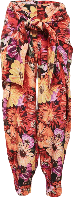 Women's Red Floral Print Silk Tie-Up Trousers