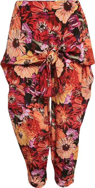 Women's Red Floral Print Silk Tie-Up Trousers