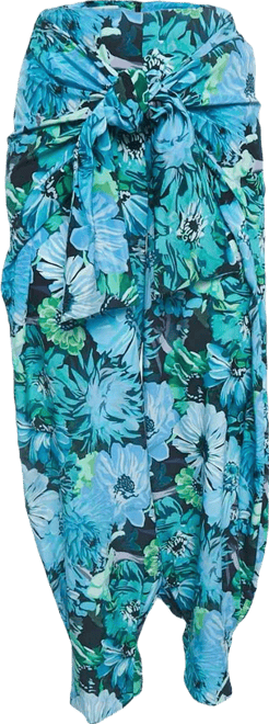 Women's Blue Floral Print Silk Tie-Up Trousers