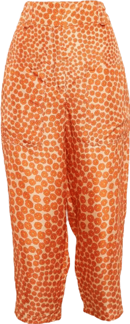 Women's Orange Ditsy Floral Print Silk Trousers