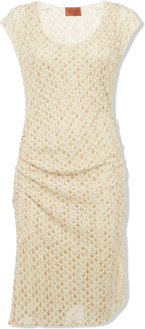 Women's Beige Patterned Lurex Knit Ruche Midi Dress