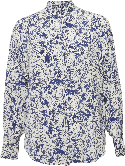 Women's White/blue Printed Silk Button Front Cade Top