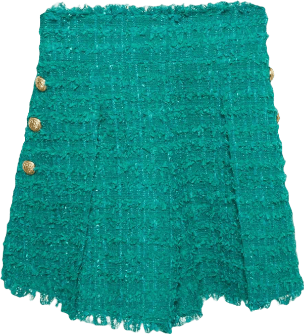 Women's Green Tweed Button Detail High Rise Shorts