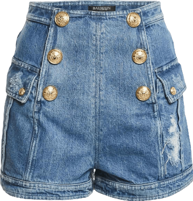 Women's Blue Distressed Denim Button Detail Shorts