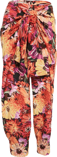 Women's Red Floral Print Silk Tie-Up Trousers