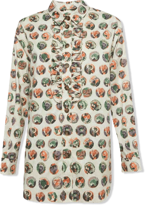 Women's Beige Mask Print Cotton Ruffle Detail Shirt