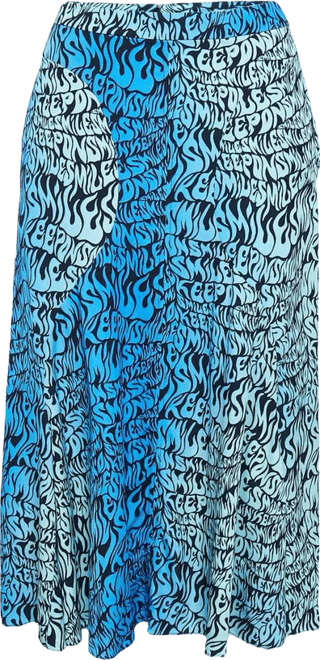 Women's Blue Printed Crepe De Chine Midi Skirt