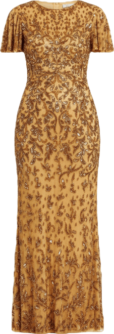 Women's Embellished High Neck Flutter Sleeve Gown