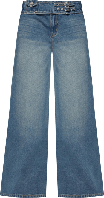 Women's Double Buckle Low Rise Baggy Jeans