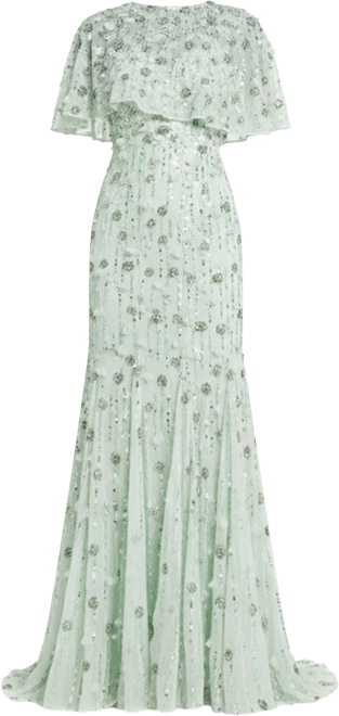 Women's Embellished Illusion Cape Sleeve Trumpet Gown