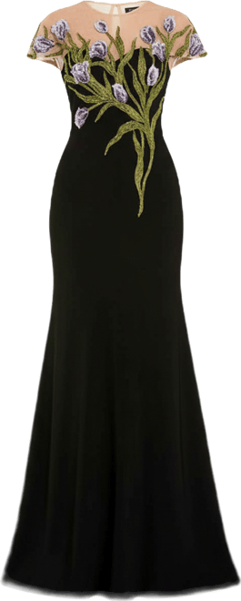 Women's Jersey Floral Embroidered Illusion Neck Gown