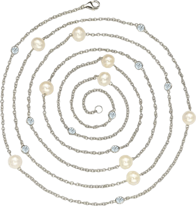 Suzy Levian Sterling Silver Pearl and Cubic Zirconia Station Necklace