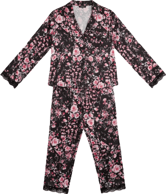 Women's Long Sleeve Lace Trim Boxy Satin Notch Set, Created for Macy's