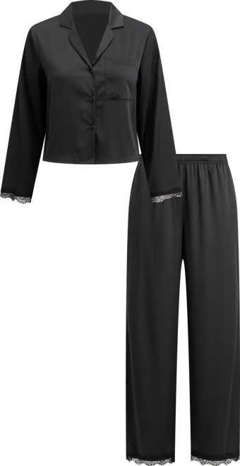 Women's Long Sleeve Lace Trim Boxy Satin Notch Set, Created for Macy's