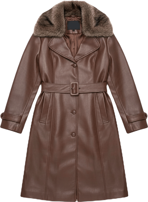 Women's Fur Collar Leather-Effect Coat