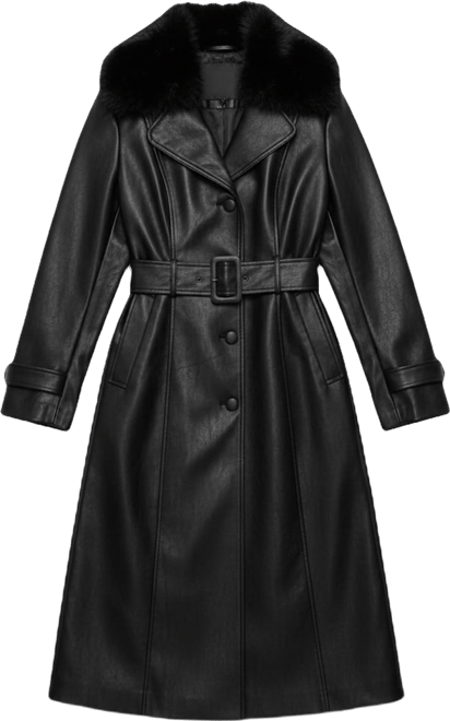 Women's Fur Collar Leather-Effect Coat