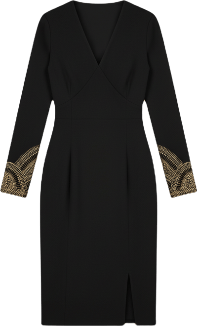 Women's Long Sleeve V-neck Hot Fix Sheath Midi Dress