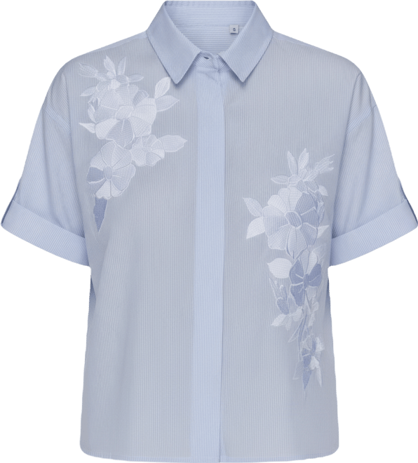 Women's Short-Sleeve Striped Floral Poplin Blouse