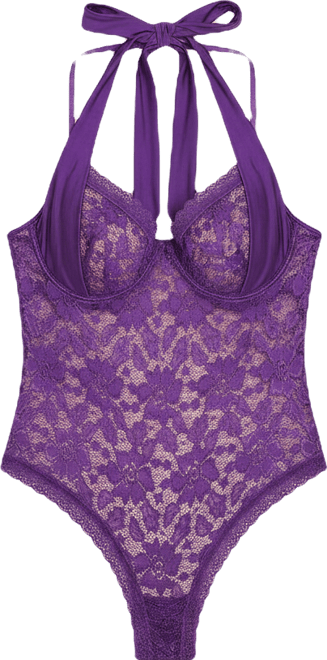 Plus Size Purple Lace Halter Bodysuit Lingerie