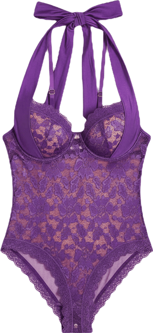 Woman's Purple Lace Halter Bodysuit Lingerie