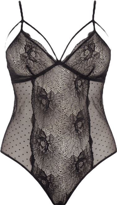 Plus Size Lace and Dotted Mesh Bodysuit Lingerie